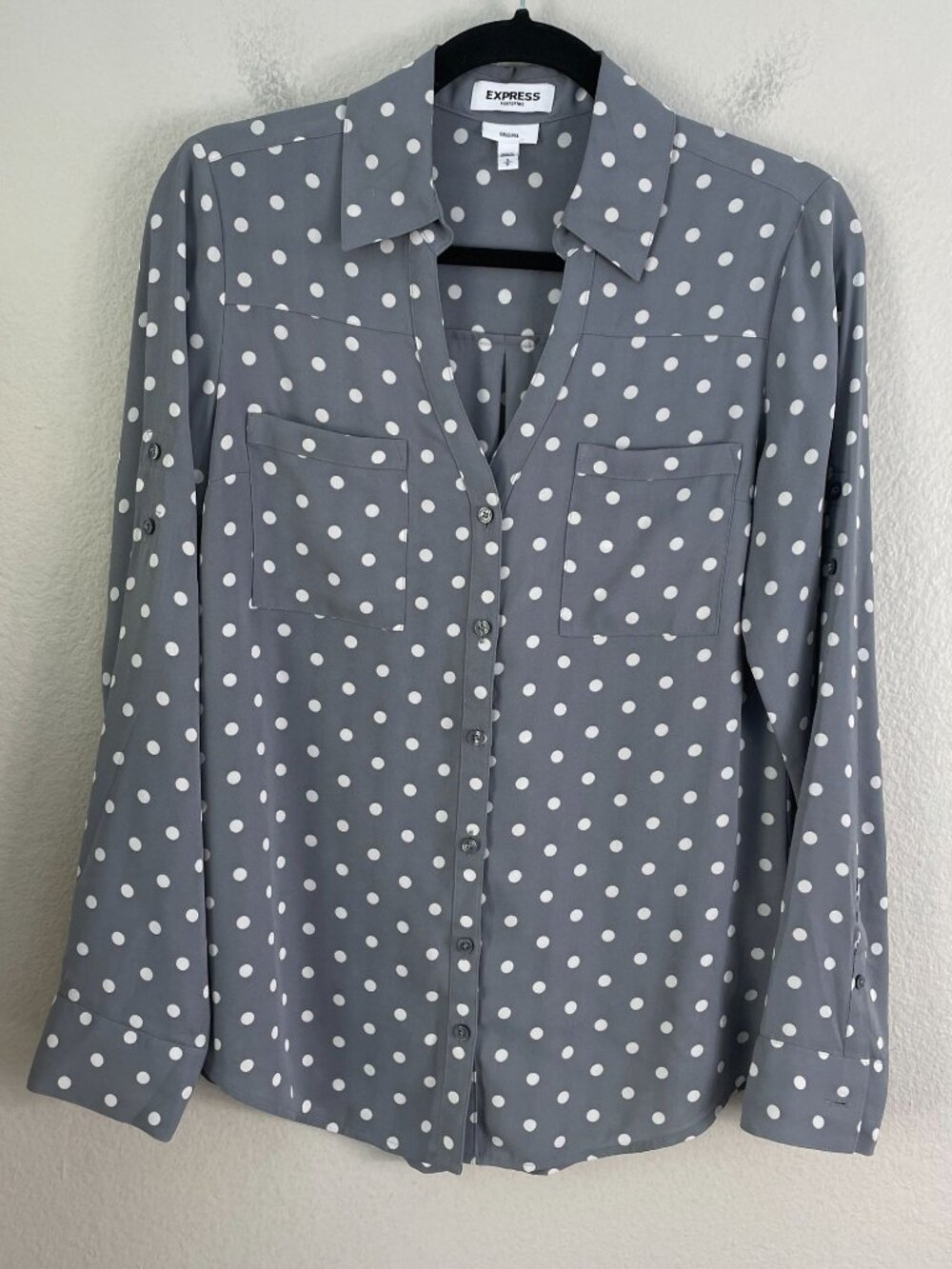 Express Portofino Shirt Womens Small Gray Polka Dot Original Button Up Blouse‎